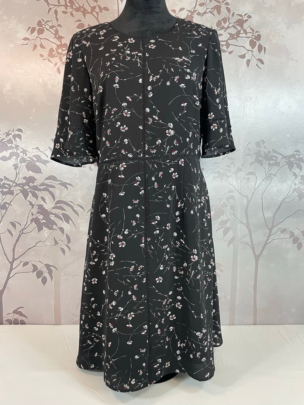 Basque Floral Ladder Lace Flutter Sleeve Black Crepe A-Line Dress 12 Modest Work